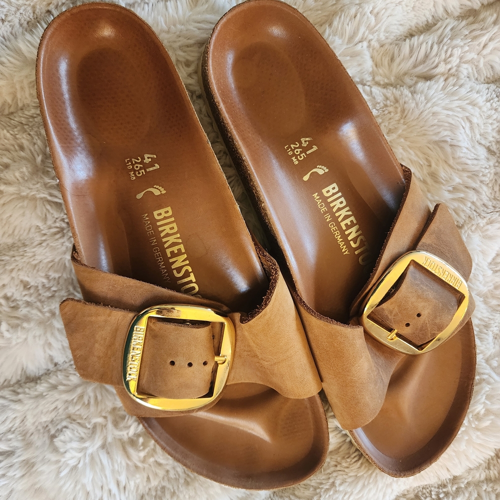 Birkenstock Brown Slide Sandals with Gold Buckle